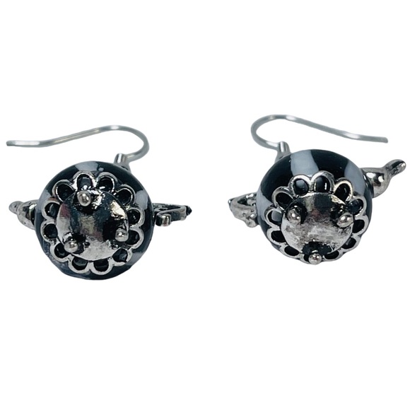 Striped glass black & white teapot dangly charm earrings NEW - Picture 3 of 7